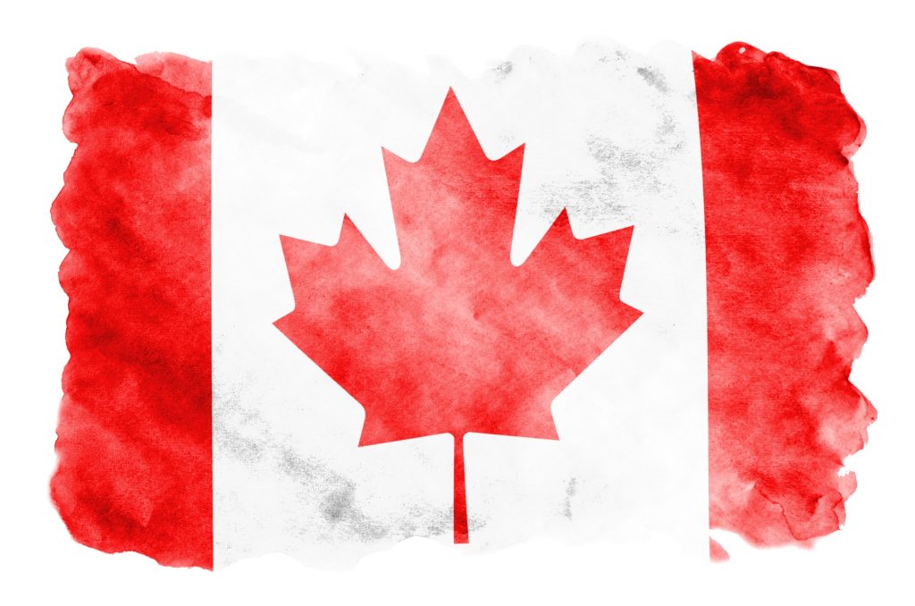 Canada flag is depicted in liquid watercolor style isolated on white background