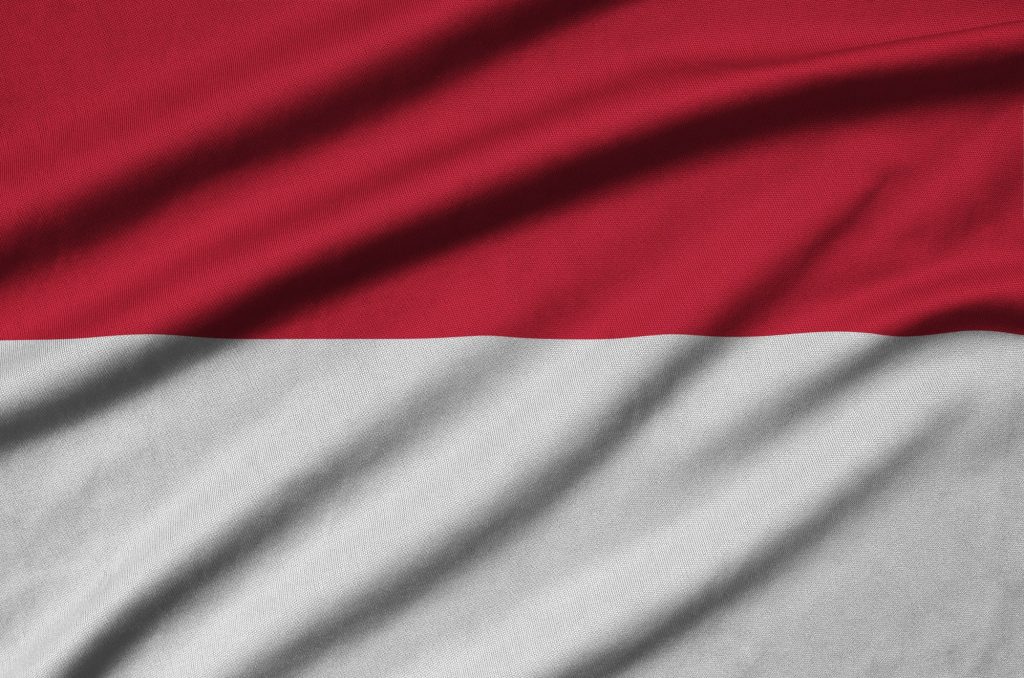 Indonesia flag is depicted on a sports cloth fabric with many folds. Sport team waving banner