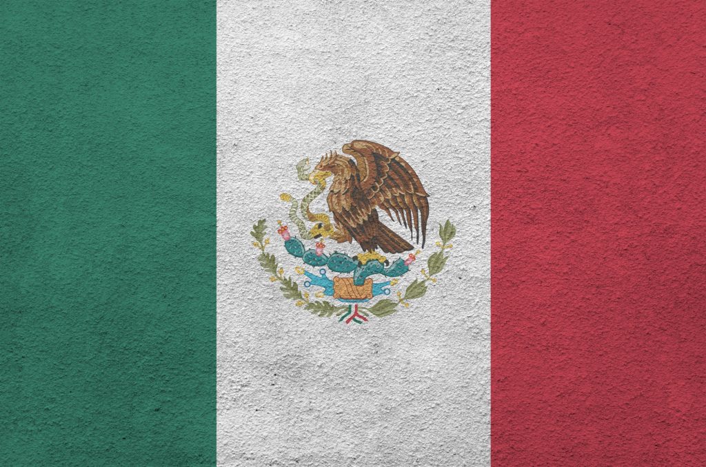 Mexico flag depicted in bright paint colors on old relief plastering wall close up