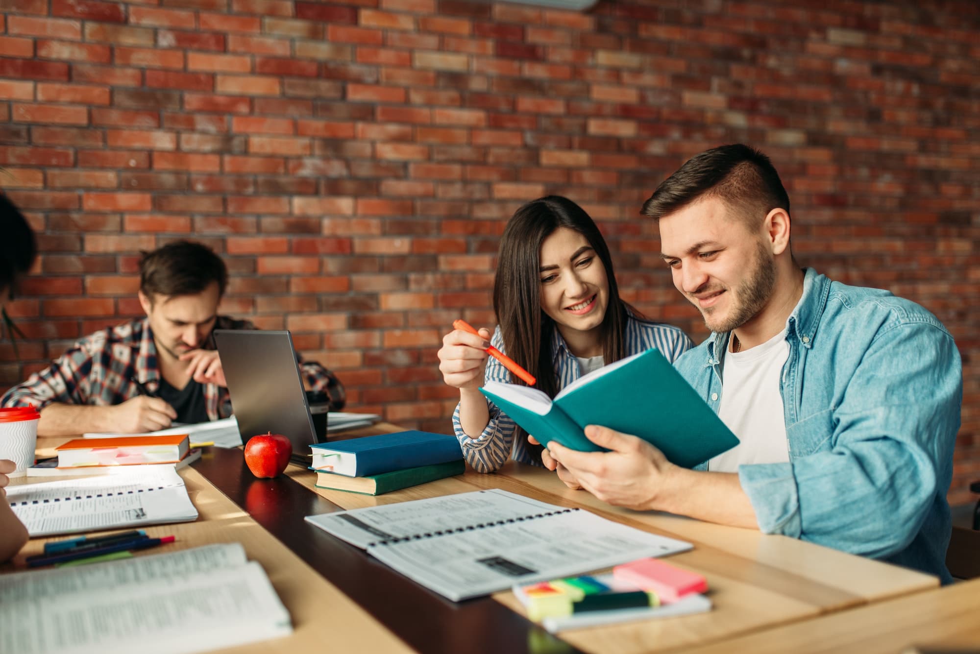 University students reading textbook together