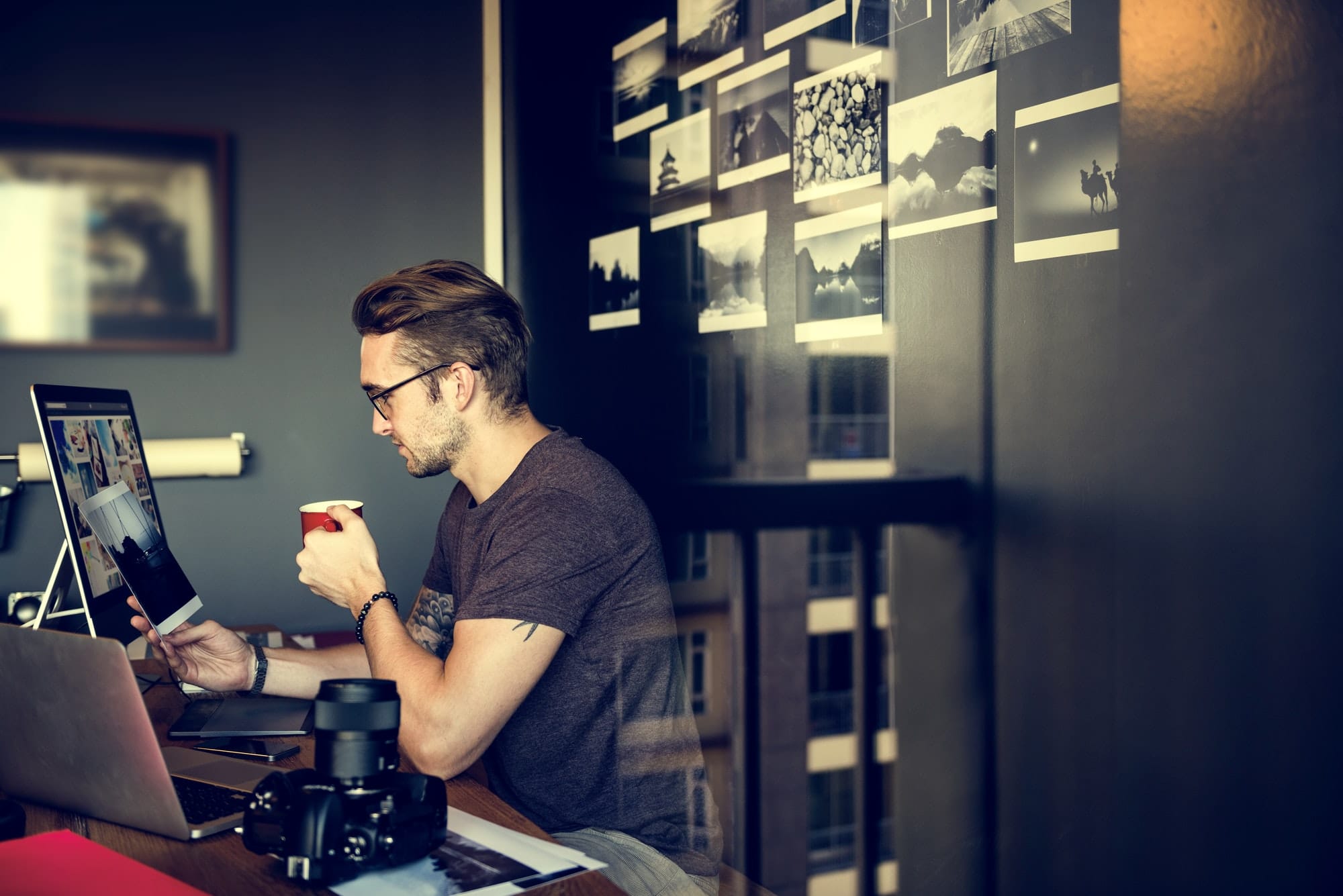 Man Busy Photographer Editing Home Office Concept