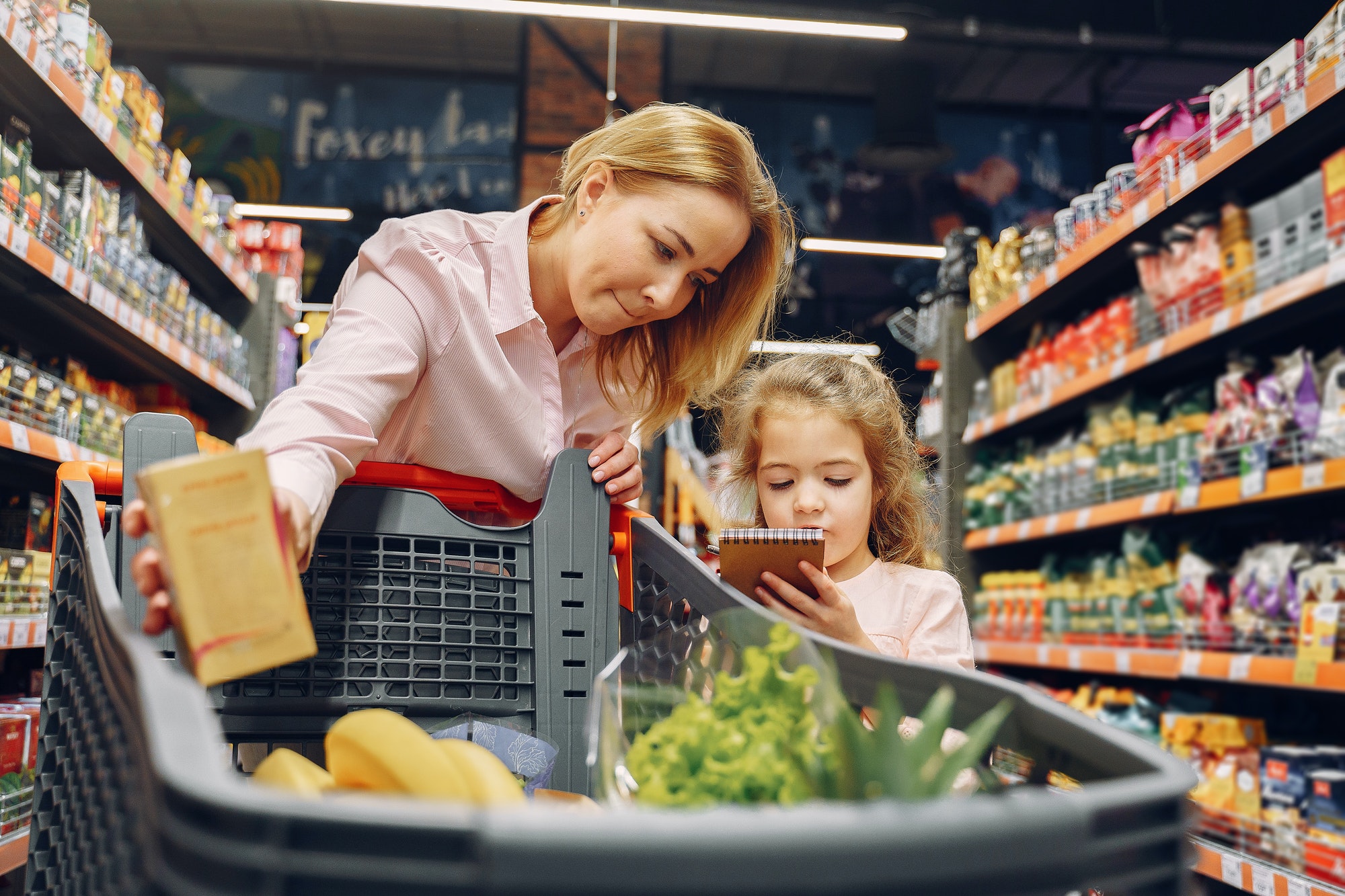 The family buys groceries at the supermarket