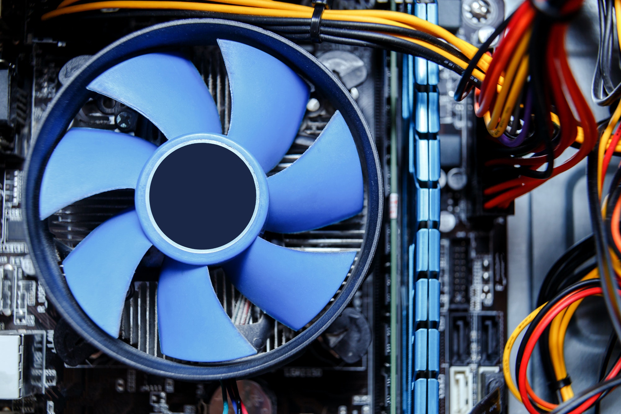 Heatsink and fan of central processing or the CPU cooler inside pc system unit.