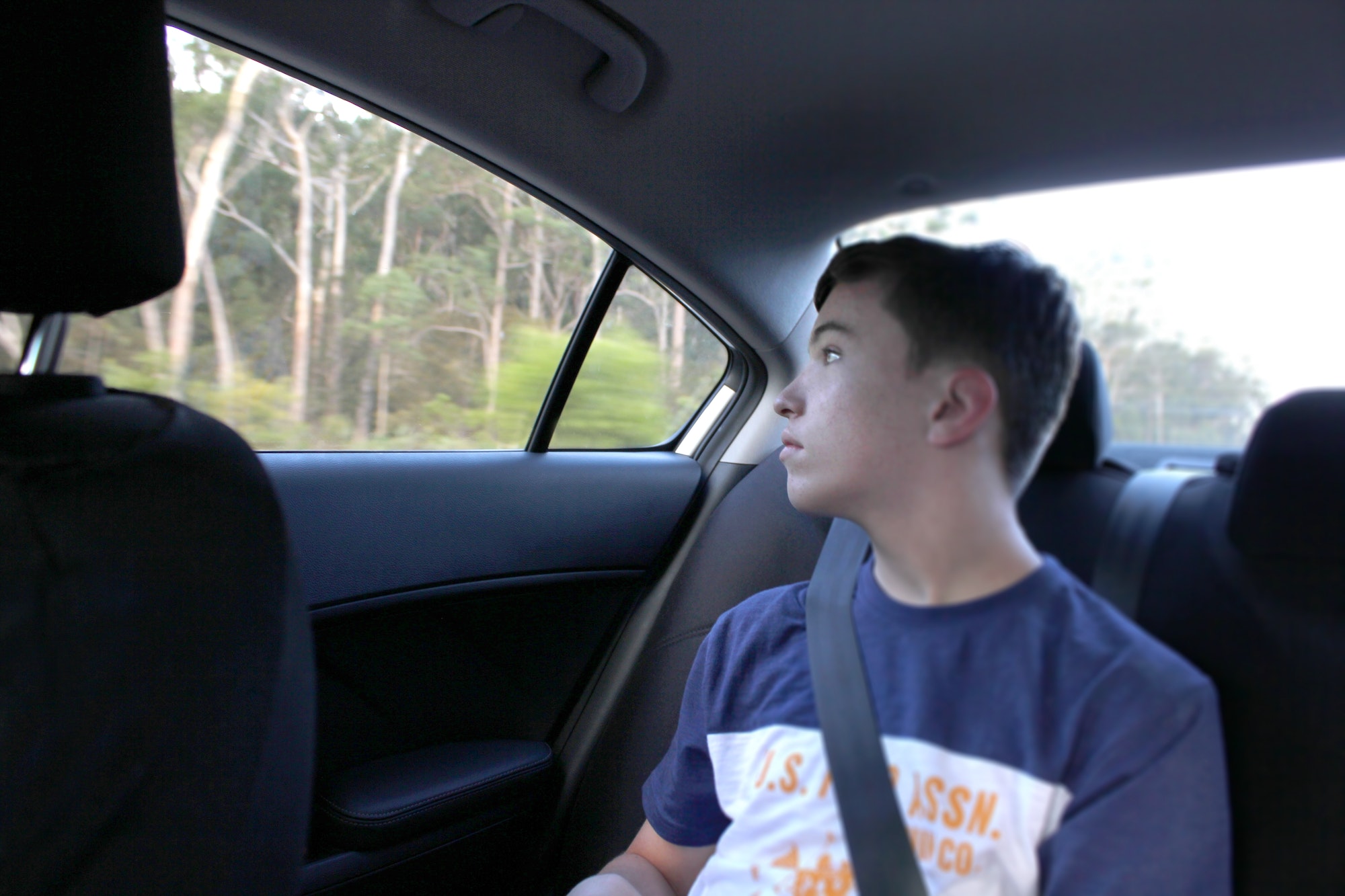 Teenage boy gazing out the window in the back seat of the car on a road trip